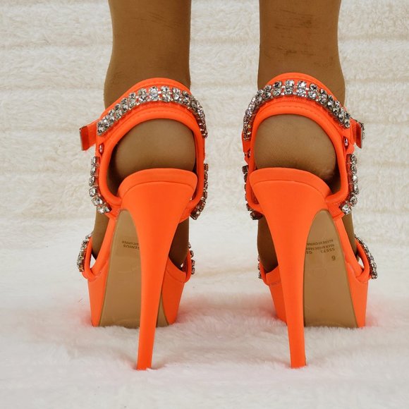 Genius Neon Orange Neoprene High Heel Platform Harness Shoes - Picture 10 of 12